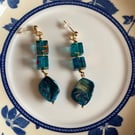 Teal cube and shell dangle earrings 