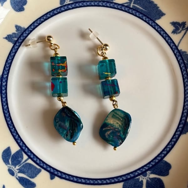 Teal cube and shell dangle earrings 