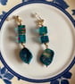 Teal cube and shell dangle earrings 