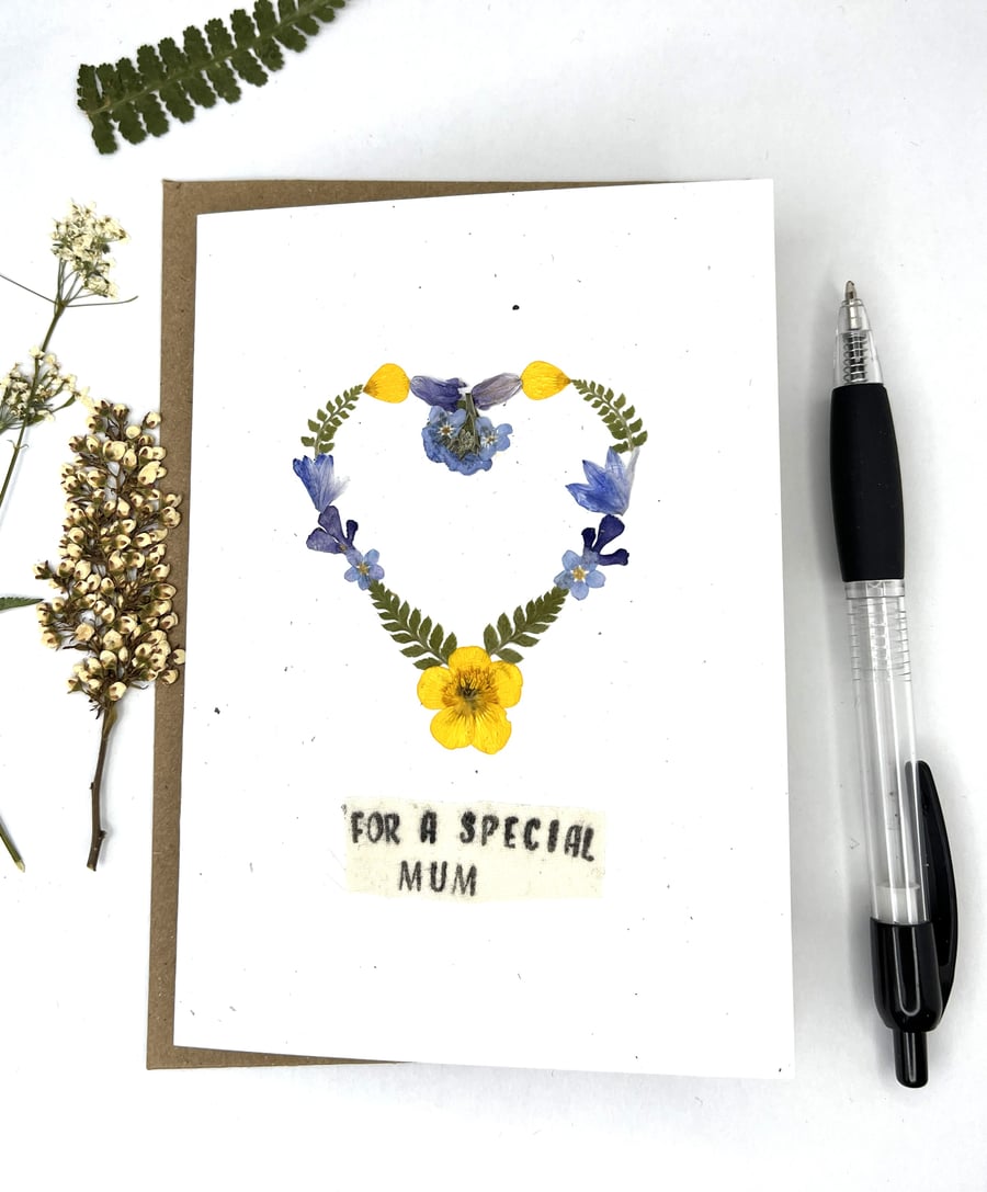 Handmade Mother's Day, Birthday Card, Real Pressed Flower Heart,  