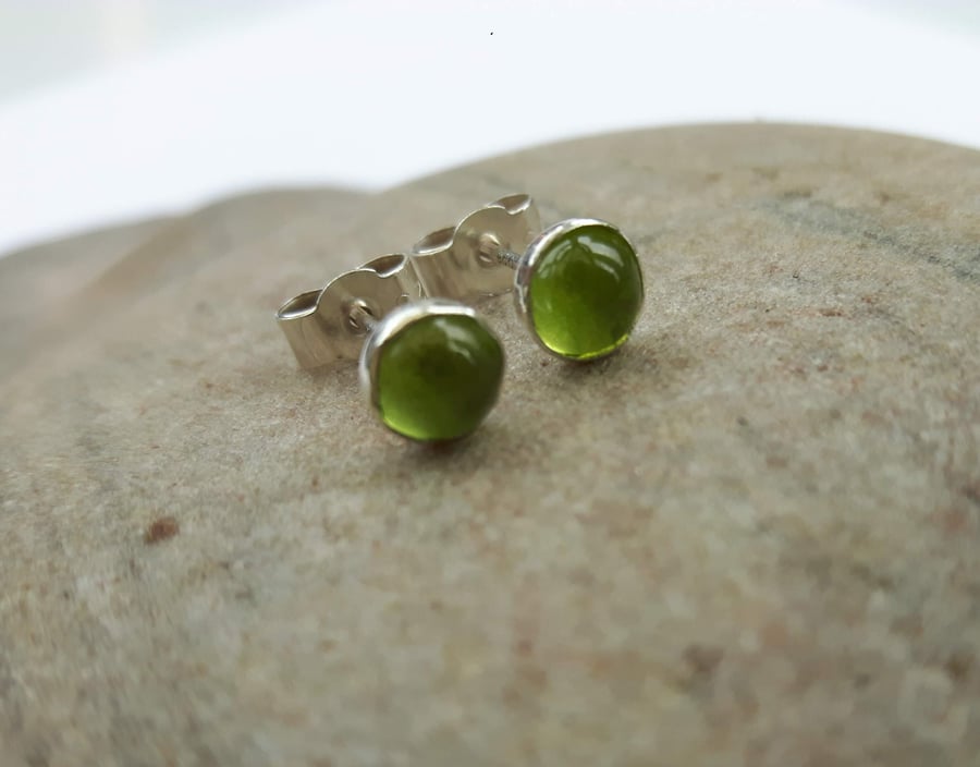 Sterling Silver Stud Earrings with Peridot Cabochons