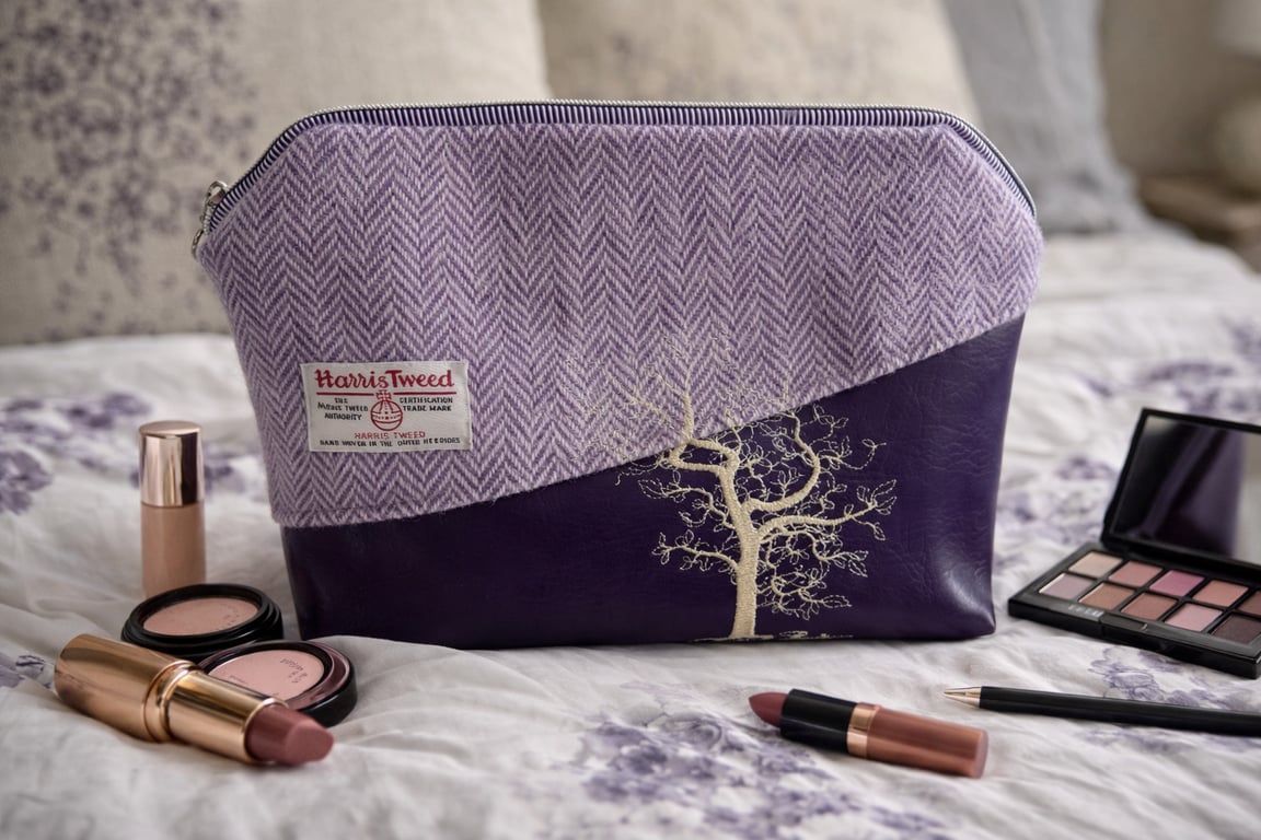 A Large Harris Tweed and Faux Leather Toiletry Bag with Waterproof Lining