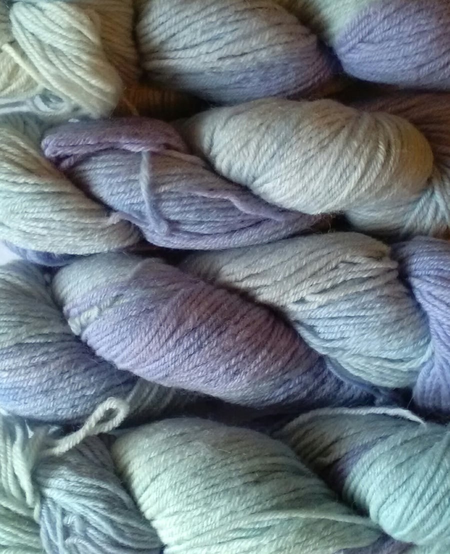 Hand-dyed Wool DK pale blues greens and lavender 50g
