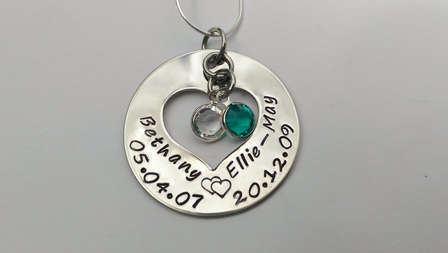 Hand Stamped personalised name and birthdate necklace with birthstones