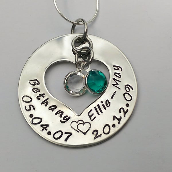 Hand Stamped personalised name and birthdate necklace with birthstones