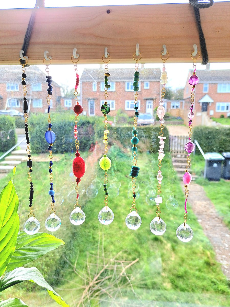 GREEN Gold suncatchers with crystals gems glass and upcycled plastic beads. 