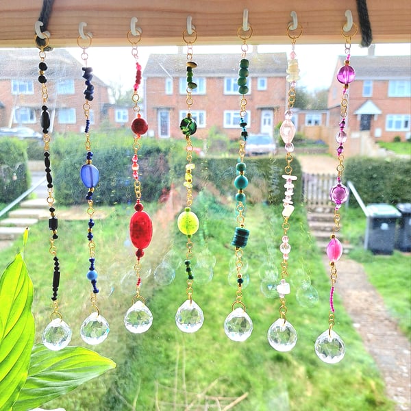 GREEN Gold suncatchers with crystals gems glass and upcycled plastic beads. 