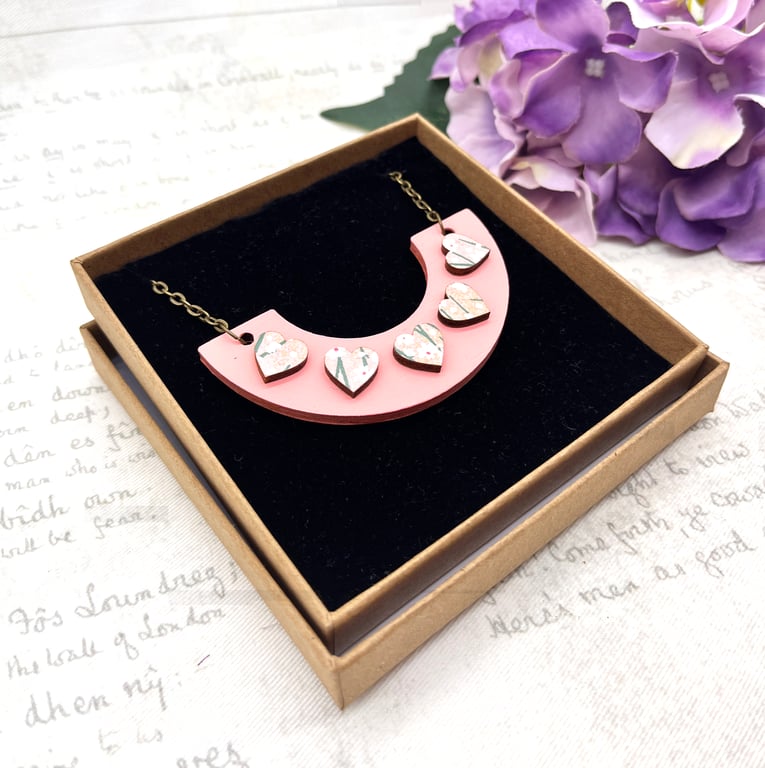 Perfectly Imperfect - Pale pink washi paper love heart wooden statement necklace
