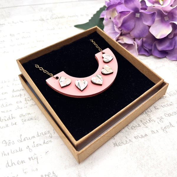 Perfectly Imperfect - Pale pink washi paper love heart wooden statement necklace