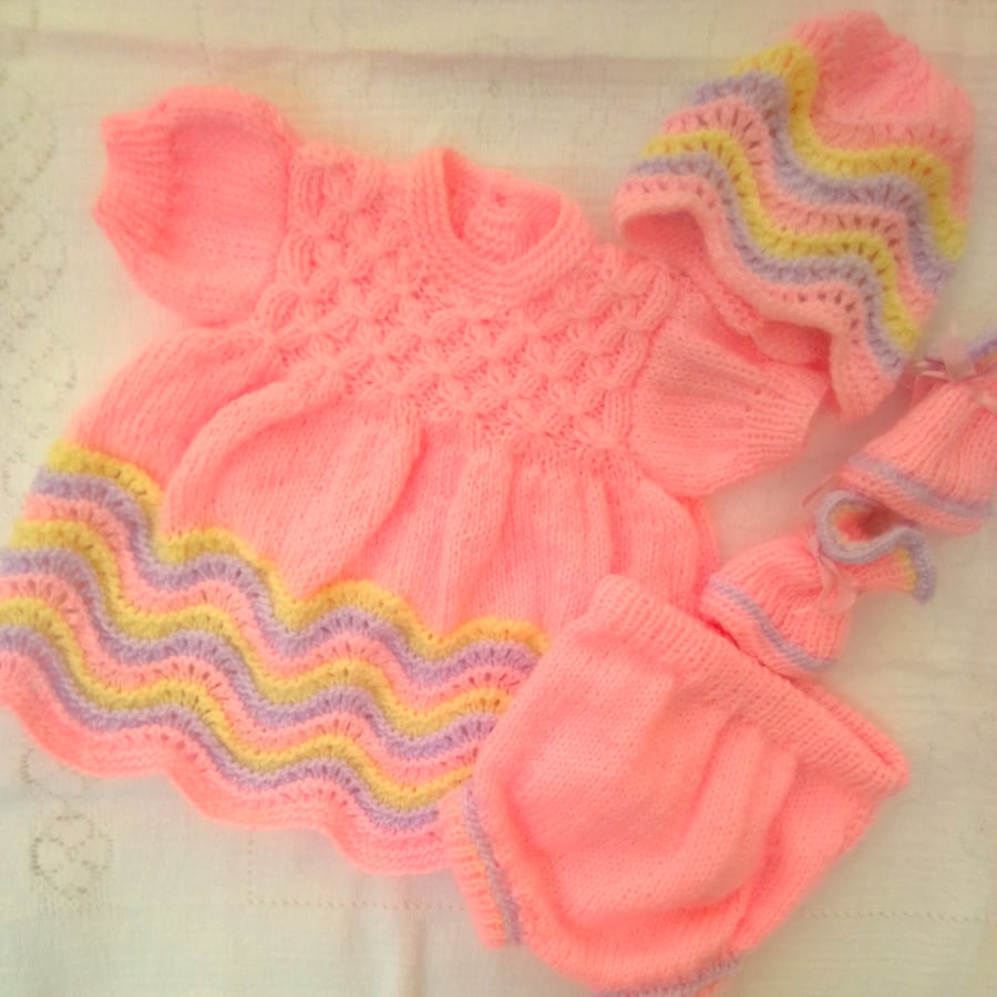 Baby Girl's 4 Piece Knitted Dress Set, Prem Sizes Available, Custom Make