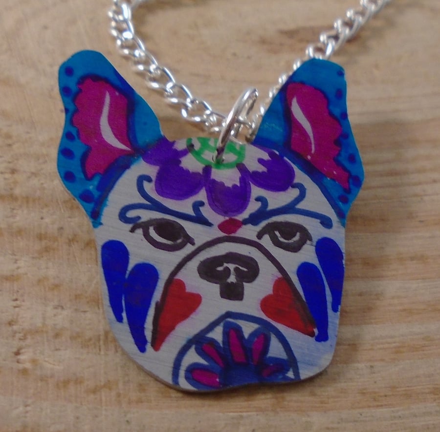 Anodised Aluminium Sugar Skull French Bulldog Necklace AAN111802