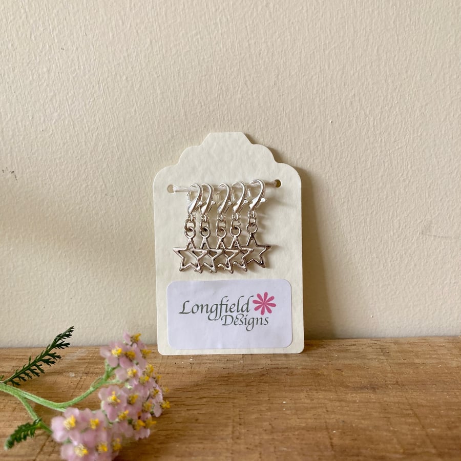 Star Stitch-Markers, silver, for knitting or crochet work