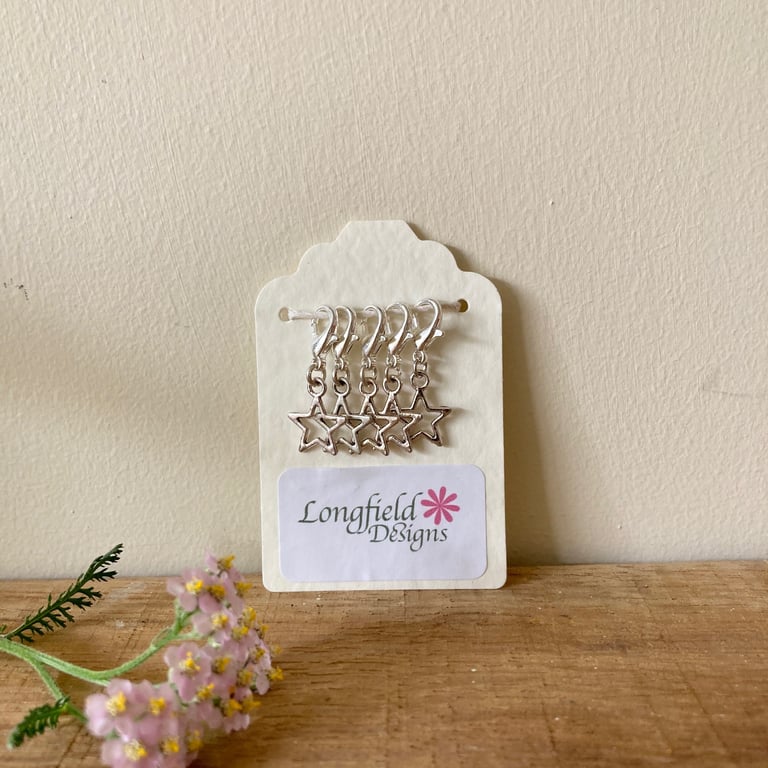 Star Stitch-Markers, silver, for knitting or crochet work
