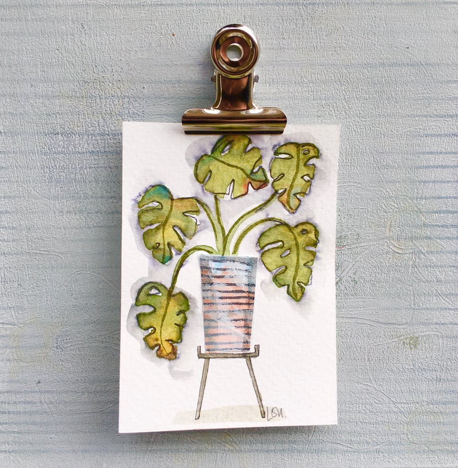 Original miniature watercolour and collage ACEO size Monstera plant 