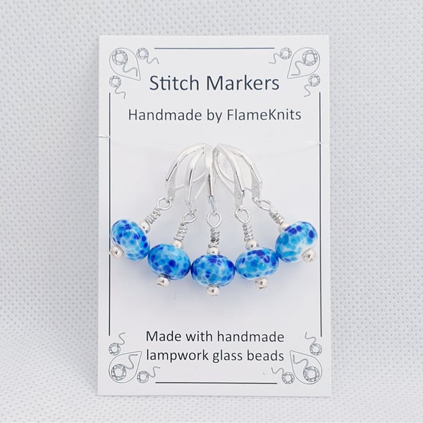 Lampwork Stitch Markers - Bright Speckled Blues