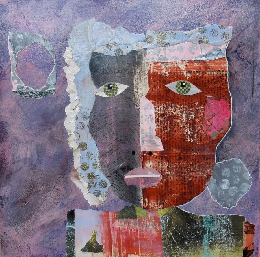 Abstract Portrait Purple Grey Brown Original Mixed Media Artwork Collage Figure