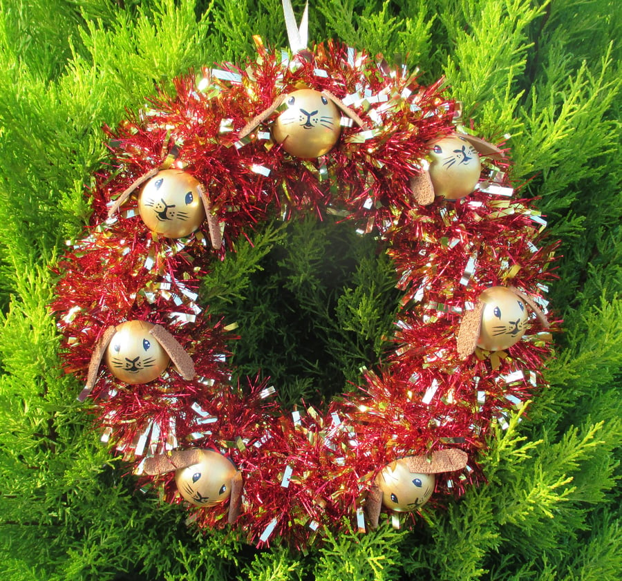 Christmas Wreath Tinsel with Bunny Rabbit Hand Painted Bauble Heads Gold