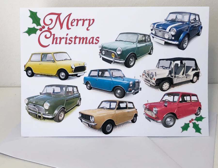 Mini Classic Cars Christmas Cards 5x7in - Seasons Greeting or Merry Christmas
