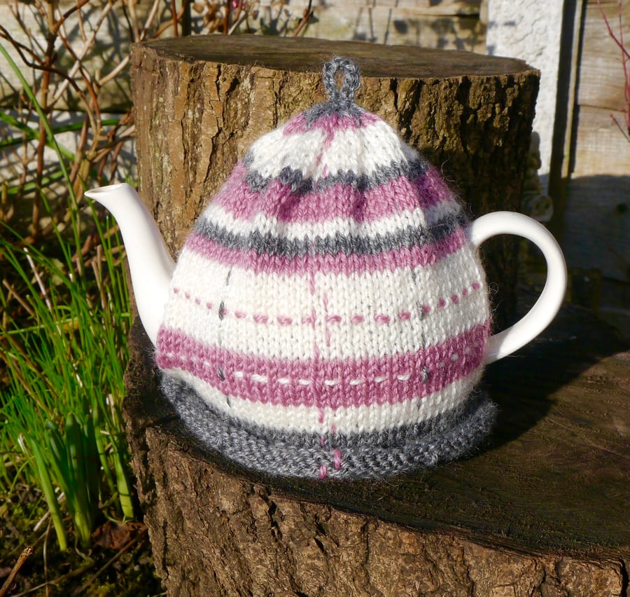 Hand Knitted Tea Cosy, Pink Tartan