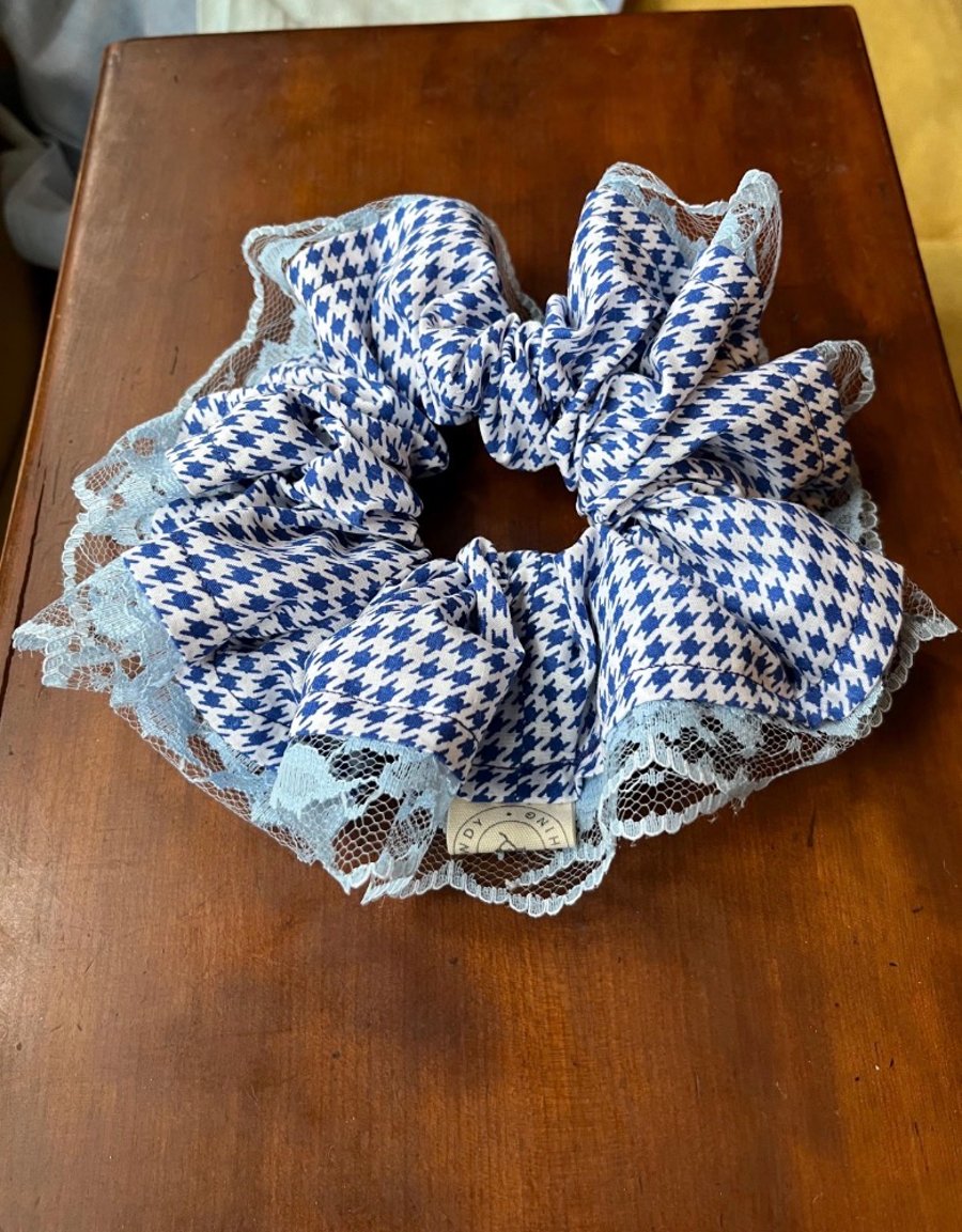 Handmade Oversized Blue Houndstooth Scrunchie with Vintage Lace