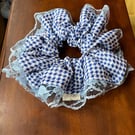 Handmade Oversized Blue Houndstooth Scrunchie with Vintage Lace