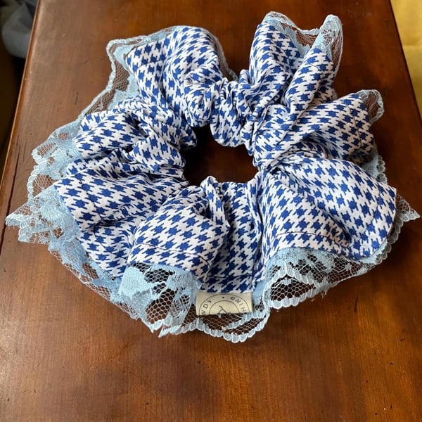 Handmade Oversized Blue Houndstooth Scrunchie with Vintage Lace