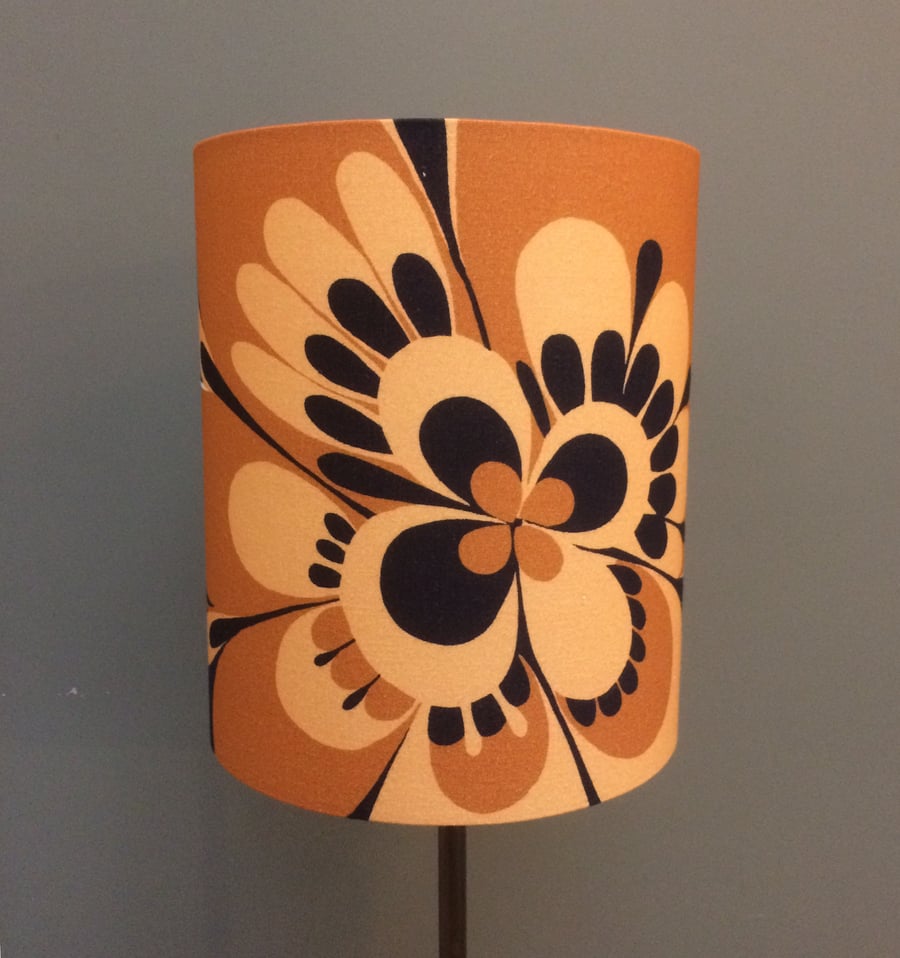 Bold RETRO Copper Mustard BIG Groovy 60s 70s style Flowers Fabric Lampshade. 