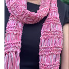 Pink skinny summer scarf with long fringes 