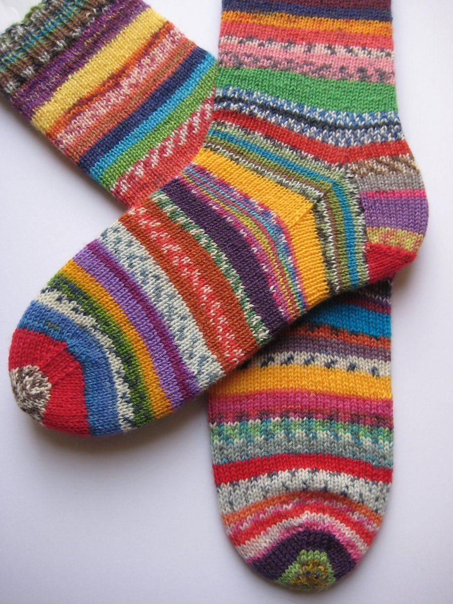 knitted socks, hand knit womens wool scrappy socks size 6-8