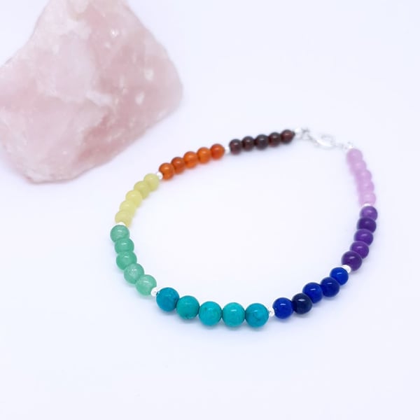 Rainbow semi precious gemstone bracelet sterling silver 