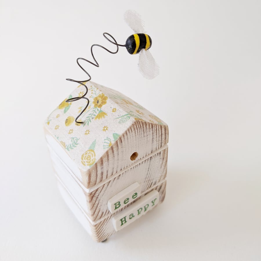 Wooden Beehive With Little Clay Bee 'Bee Happy'