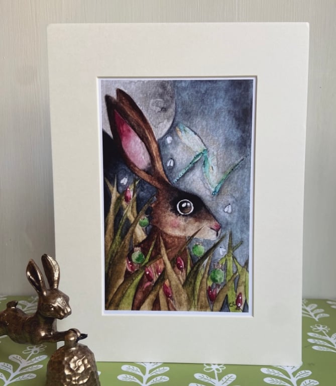 Mounted Print from my Original Hare Rabbit and Dragonflies in Moonlight Painting