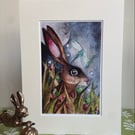 Mounted Print from my Original Hare Rabbit and Dragonflies in Moonlight Painting