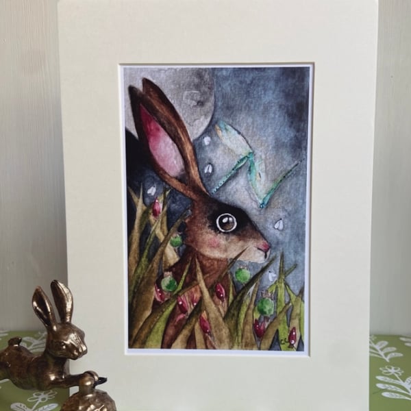 Mounted Print from my Original Hare Rabbit and Dragonflies in Moonlight Painting