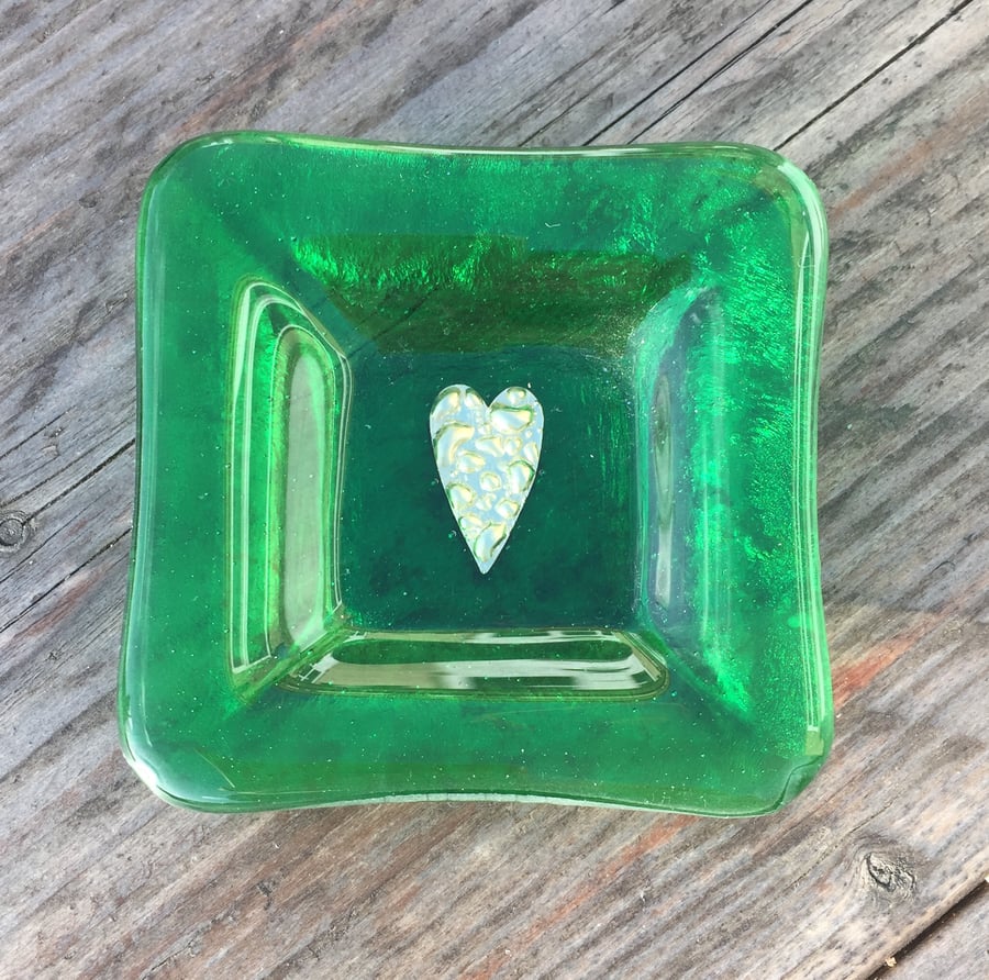 Fused Glass - Green Trinket Dish or Tea light holder with Brass Heart
