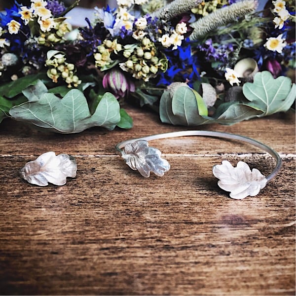 Sterling silver oak leaf bangle, adjustable bangle 