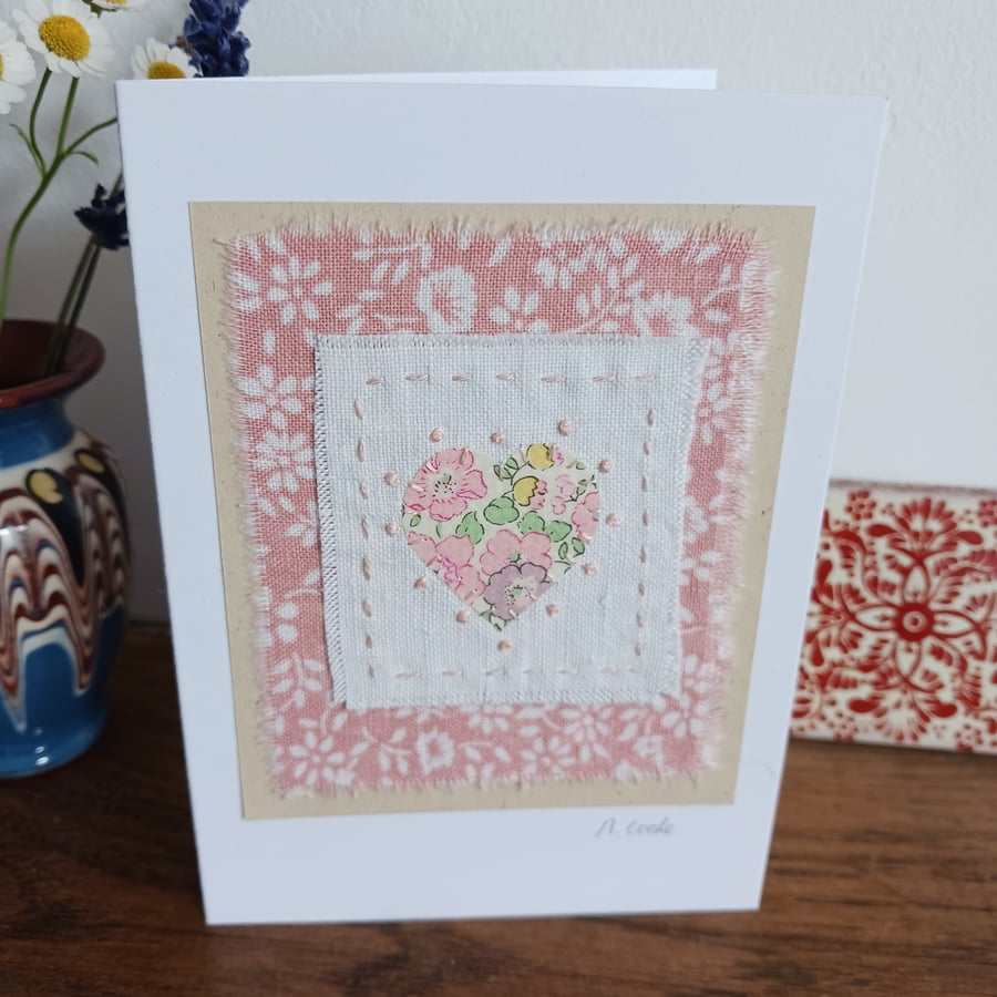 Liberty Floral Heart hand stitched fabric card - CLEARANCE