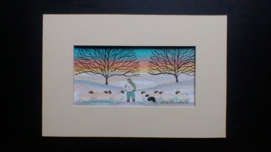 Sheep in the snow, Original Watercolour, Collie Dog, by M S Wakefield