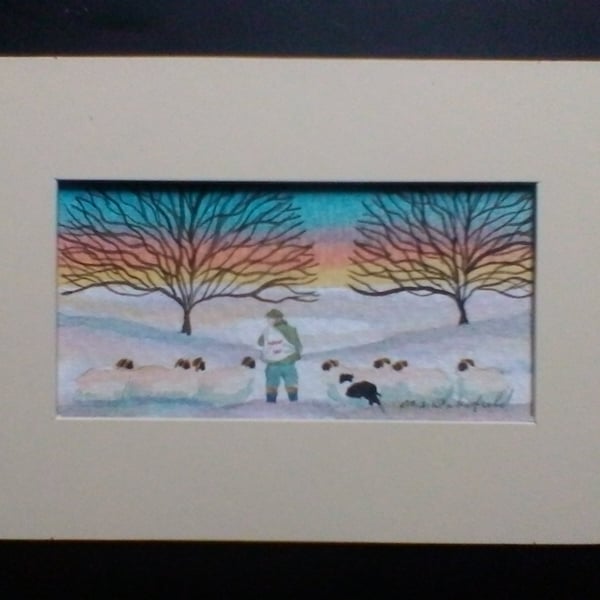 Sheep in the snow, Original Watercolour, Collie Dog, by M S Wakefield