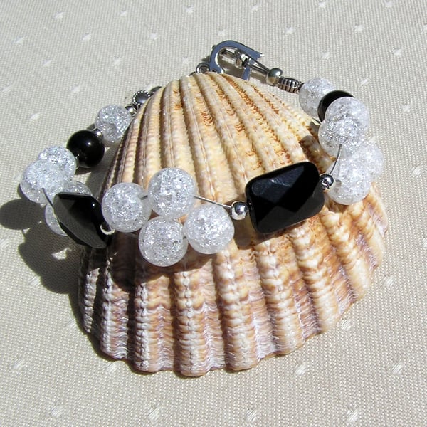 Black Onyx & Crackled Clear Quartz Crystal Gemstone Bracelet "Monochrome Glitz"