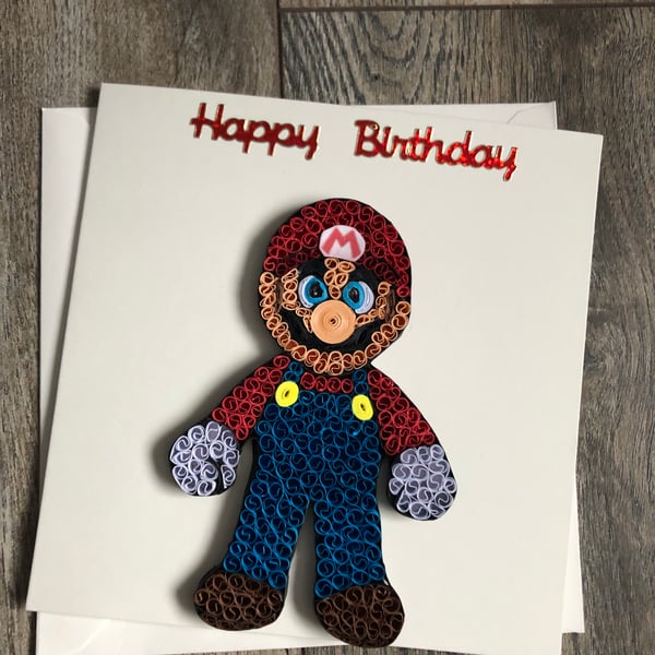 Handmade quilled Mario birthday card