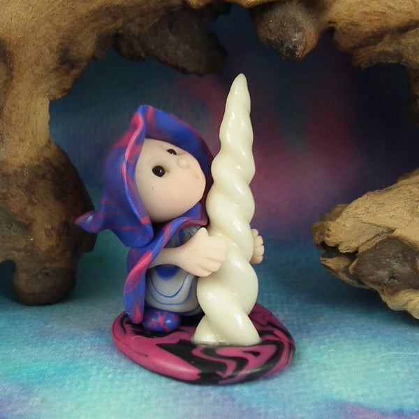 Tiny Forager Gnome 'Pandora' with glowing unicorn horn OOAK Sculpt