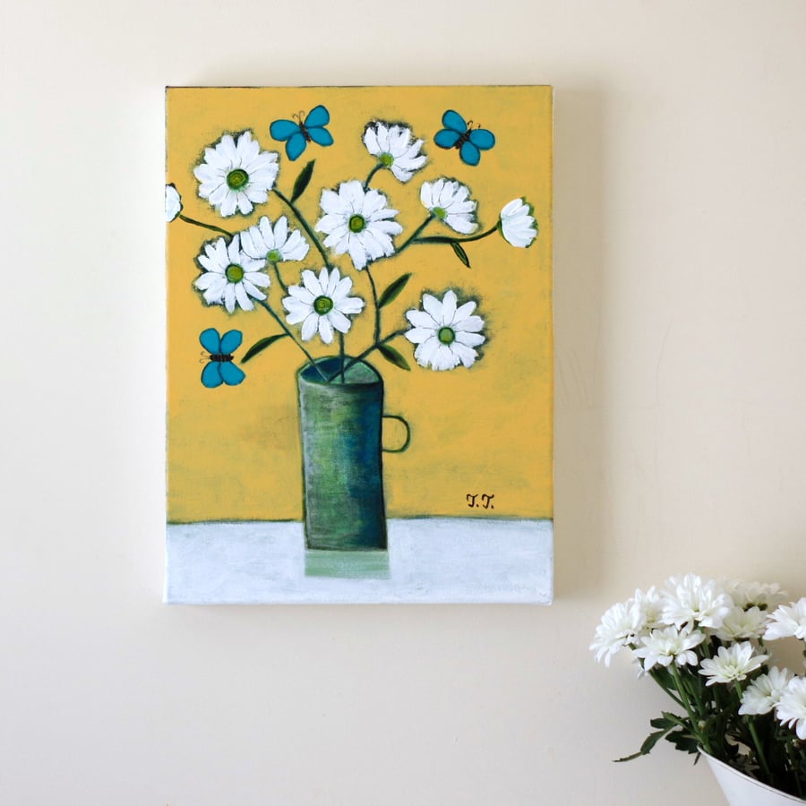 Yellow Still Life Painting with White Daisies and Turquoise Butterflies