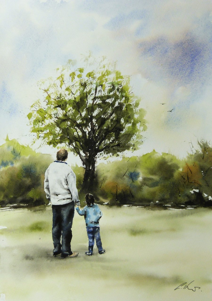 Papa & Jack Consider a Tree. Commission Painting. 
