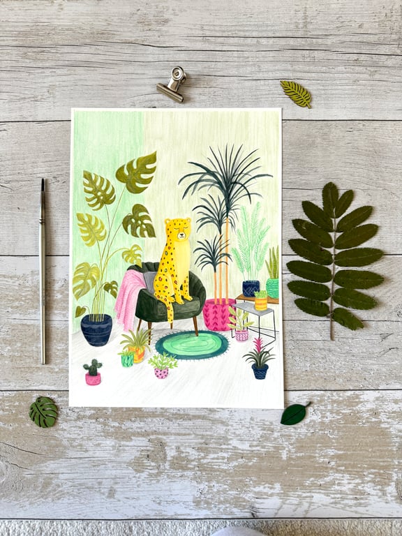 Original Leopard Painting - Plant Gouache Painting - One of a kind