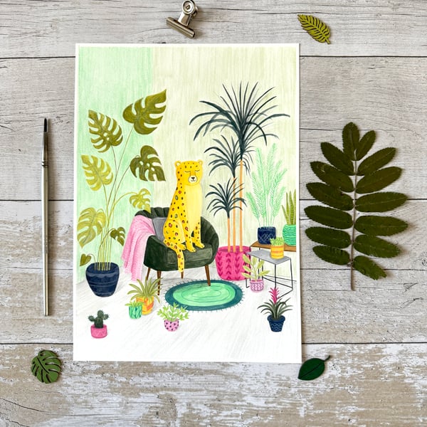 Original Leopard Painting - Plant Gouache Painting - One of a kind