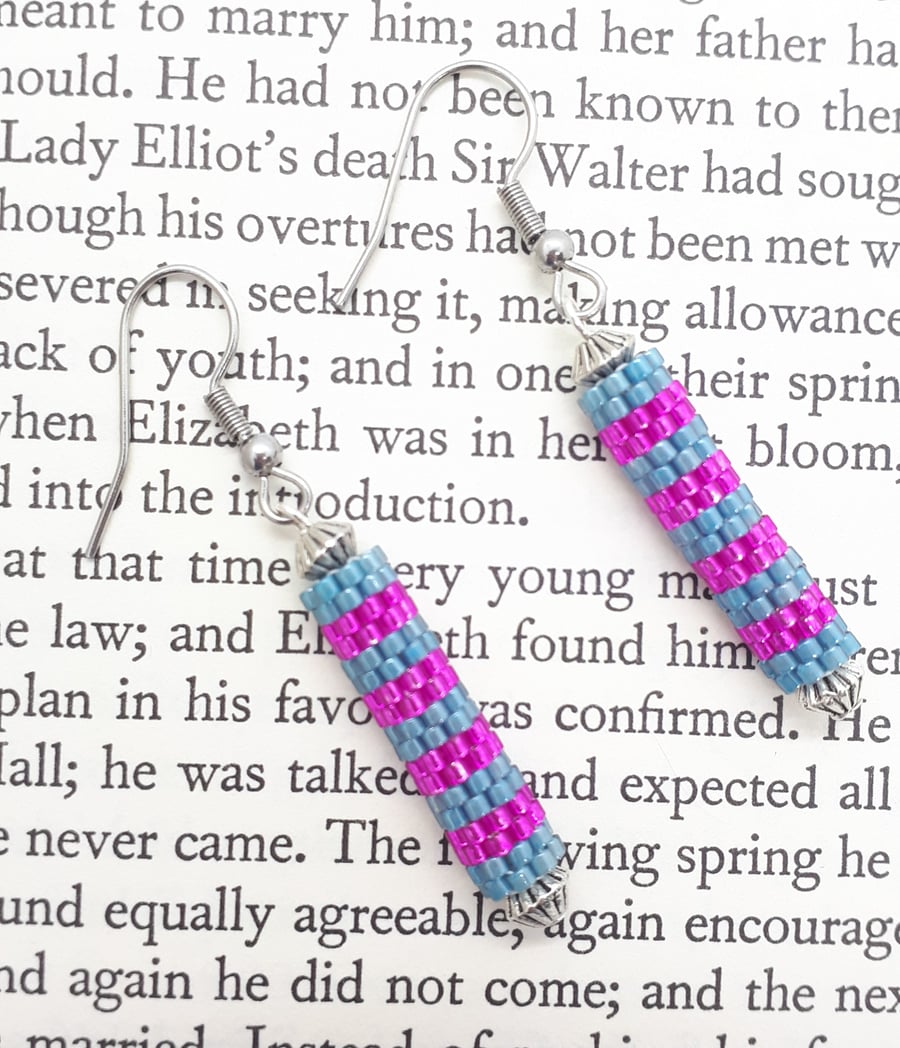 Peyote Striped Beadwoven Dangly Tube Earrings, Surgical Steel Earwires