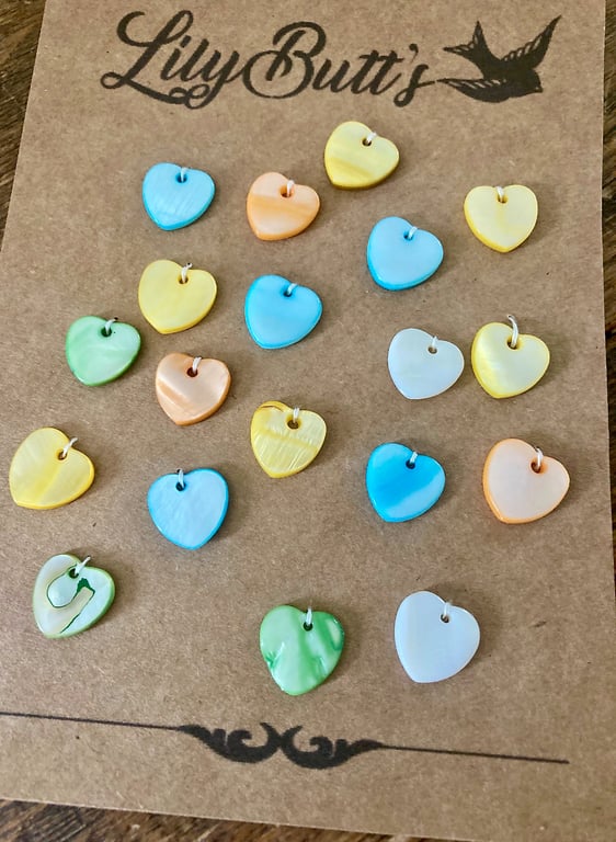 19 Mother of Pearl Flat Heart Shaped Beads - Blue, Green, Yellow, Orange & White