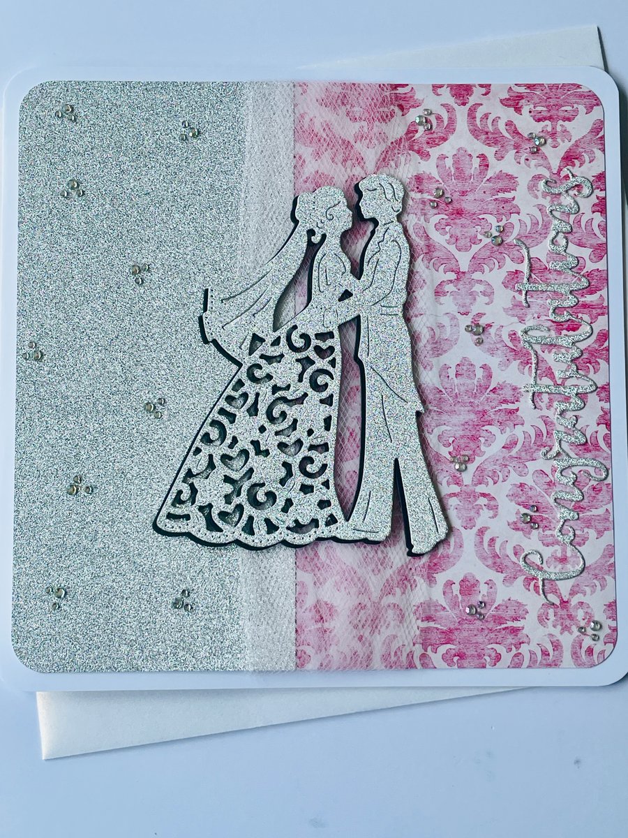 The Happy Couple brocade pink and silver congratulations wedding card