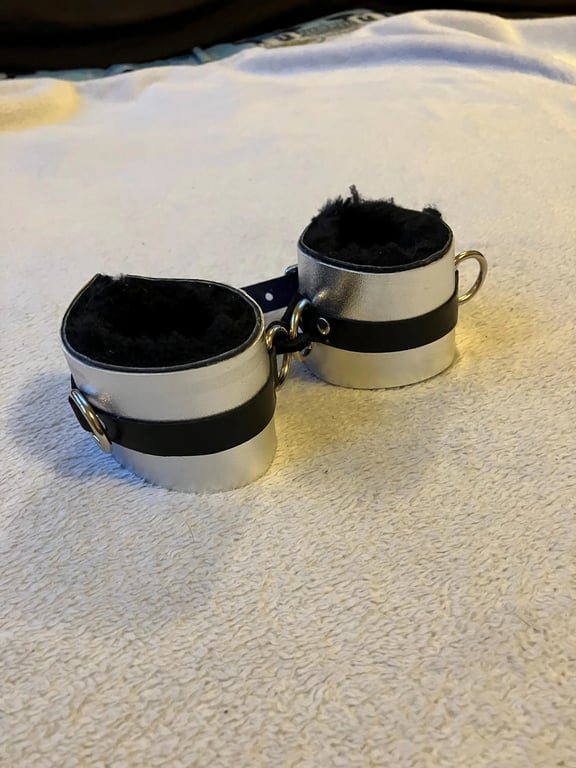 Silver coloured Leather, Lightweight Fur Lined Love Cuffs (8" wrist or smaller)